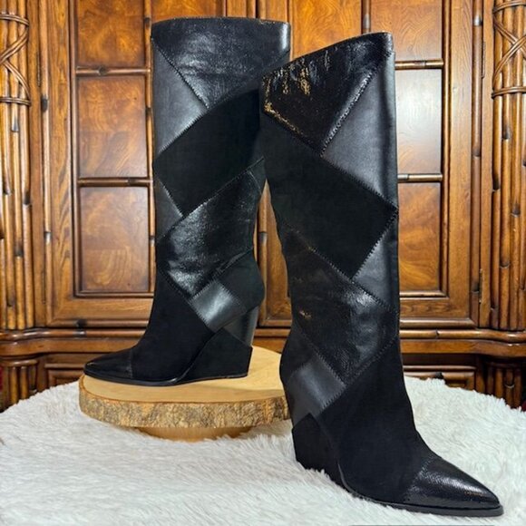 Jessica Simpson Henlee Black Reptile Combo Texture Faux Leather Suede Wedge Boot - Picture 1 of 13